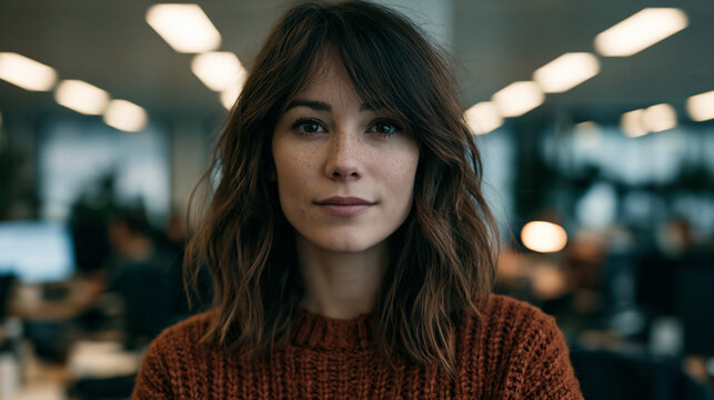 ugly forty year old woman in oversized sweater standing in office, shy nerdy mature woman with natural skin texture in workplace, authentic middleaged office woman with casual style and natural appear