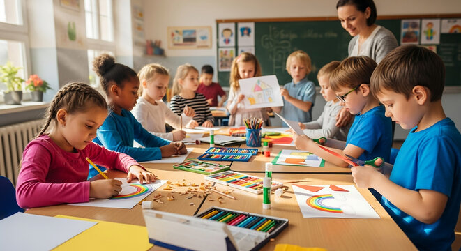 Young children in a bright classroom drawing and coloring with a teacher supervising.