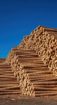Massive industrial stockpile of debarked timber logs, raw material for construction and paper pulp, awaiting transport and sawmill operations, resource, supply chain, energy