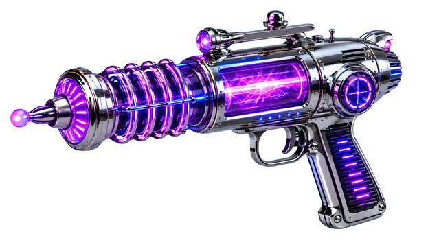Retro futuristic ray gun with glowing purple energy, chrome steampunk laser pistol, sci-fi plasma blaster weapon for gaming and cosplay isolated on White Background