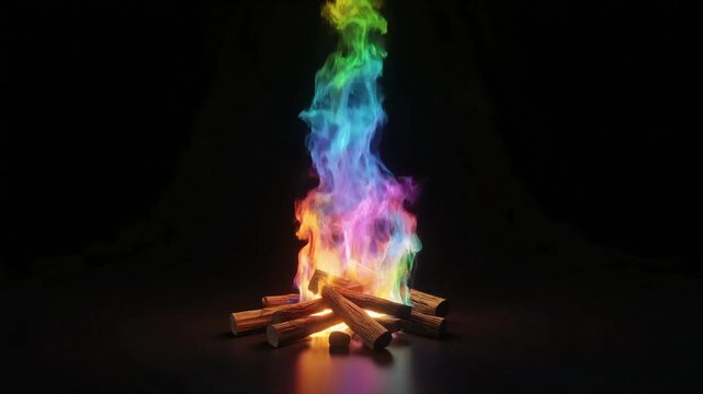 Vibrant rainbow campfire flames dancing over rustic wooden logs in a dark isolated environment for a magical motion video clip