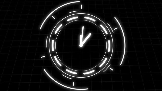 Futuristic White Circular Interface with Clock Hands on Black Grid time digital animation
