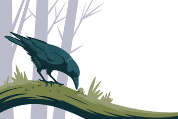 Obraz premium Flat illustration of a dark raven perched quietly on a mossy branch in a foggy woodland, colorful graphic art, nature concept