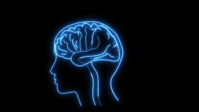 Blue wireframe human head visualizes cognitive neural thoughts. Human head animation charts brain neurological data loops. Human head outline traces artificial intelligence mind.