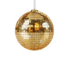 Obraz premium Golden disco ball hanging with mirror tiles on transparent background