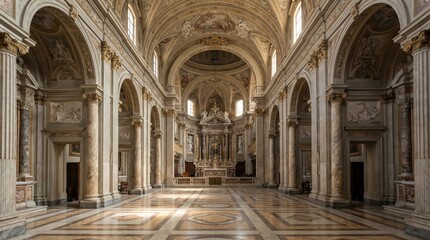 Fototapeta premium Italian baroque church interior, Marble columns and ceiling, Ornate sacred architecture, Symmetrical aisle view, Historic interior background