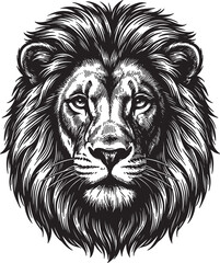 Majestic lion head portrait with flowing mane detailed engraving style ink sketch isolated on transparent background for royal emblem design. © MDMonirHussen