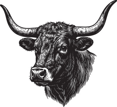 Illustration of longhorn bull head engraving style detailed sketch isolated on transparent background for farm livestock design elements projects.