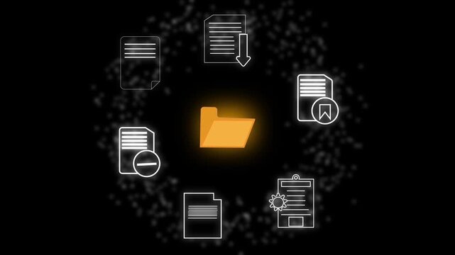 Folder icon surrounded by document icons and glowing particles file data animation