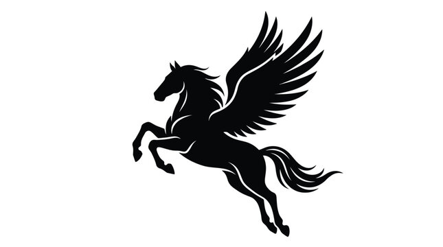 Elegant black vector illustration of a majestic winged pegasus horse rearing up in dynamic motion