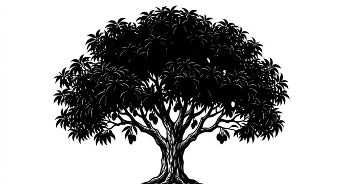 Tropical mango tree black silhouette botanical vector design