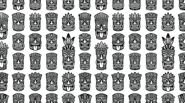 Detailed black and white vector graphic illustration featuring a repetitive pattern of traditional tiki masks