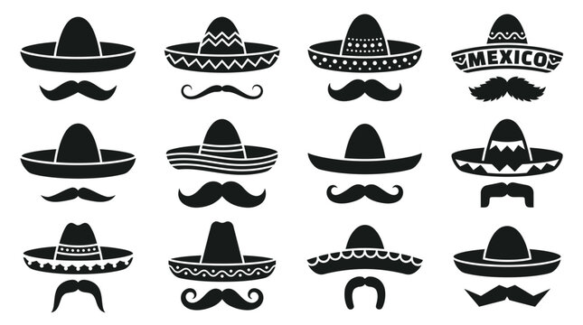 Black and white vector illustration set featuring various traditional mexican sombreros and stylized facial mustaches