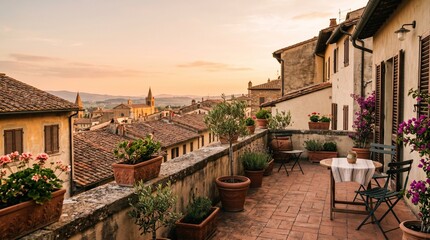 Obraz premium Italian rooftop terrace, Terracotta old town view, Potted plants and chairs, Hospitality outdoor architecture, Evening skyline copy space