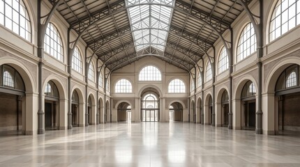 Obraz premium Italian covered market hall, Iron glass roof structure, Arched windows and stone floor, Empty commercial architecture, Symmetrical interior background