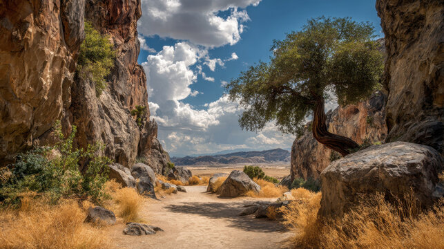 Picturesque desert canyon valley path landscape with dry yellow grass massive rock cliffs and a lonely green tree under a beautiful blue sky with fluffy white clouds on a sunny summer day