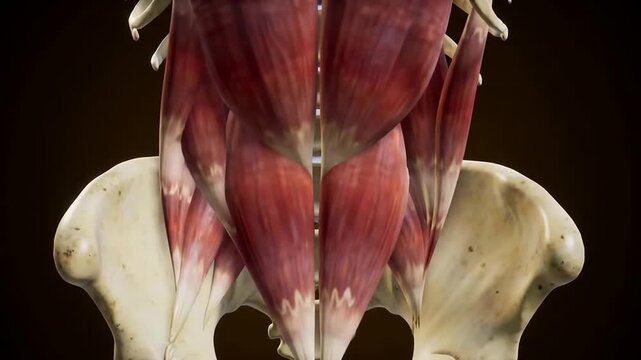 Cinematic Close-Up Of The Iliopsoas Complex Muscles Against A Deep Charcoal Background For Medical And Educational Purposes