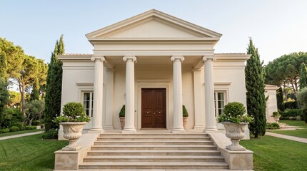 Fototapeta premium Italian neoclassical villa entrance, Tall columns and steps, Symmetrical estate facade, Elegant luxury property exterior, Clean architectural view