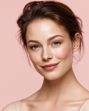 Close-up portrait of beautiful young woman with fresh makeup