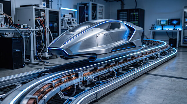 Futuristic maglev train pod on track in high tech laboratory