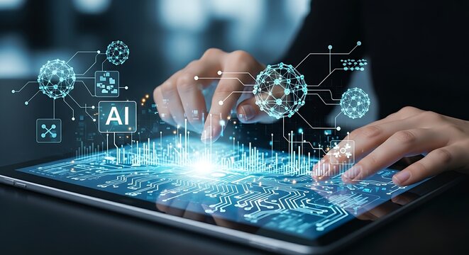 Analyst touching AI interface with neural network and circuit icons on modern tablet representing machine learning and deep tech.
