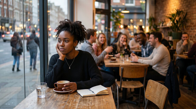 Pensive young black woman sitting alone in cafe while friends socialize in the background