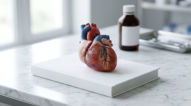 Anatomical heart model on medical book with medicine bottle in