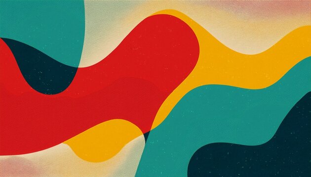 abstract risograph background with colorful organic shapes and halftone dot texture grainy vintage print effect with overlapping red yellow and teal fluid forms for retro graphic design