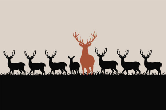 Flat illustration of a beautiful silhouetted deer herd with one standout red stag, minimalist graphic design style, animal concept