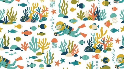 Obraz premium Divers swim through a colorful coral reef, observing fish, jellyfish, and starfish