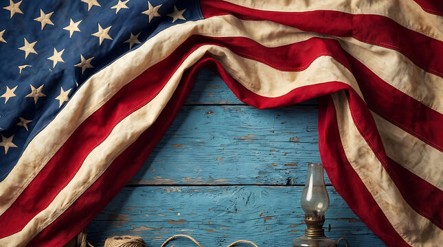 Vintage American flag on distressed wooden background with antique lamp