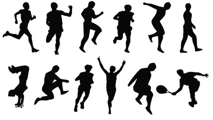Vector silhouettes of people in dynamic poses, including running and jumping, showcasing active movement and energy. © Morad