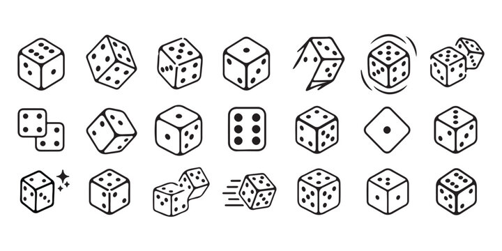 Dice icon set with all six faces in black color in outline style. Ludo game dice symbols in outline style. Set of six sides of a dice icon in black color. Dice icon concept vector illustration.
