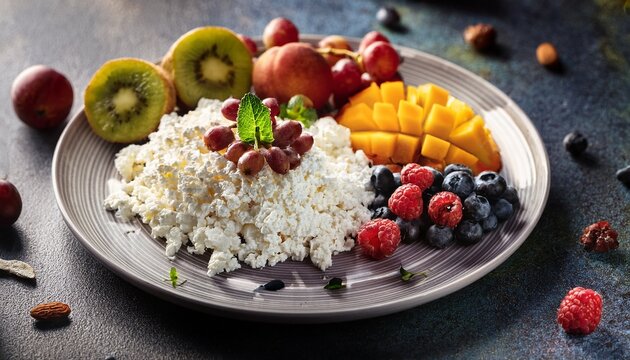 healthy evening snack featuring cottage cheese and fresh fruits