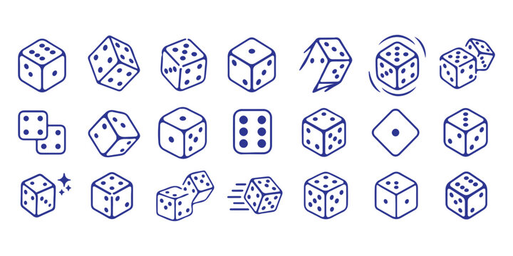 Dice icon set with all six faces in black color in outline style. Ludo game dice symbols in outline style. Set of six sides of a dice icon in black color. Dice icon concept vector illustration.