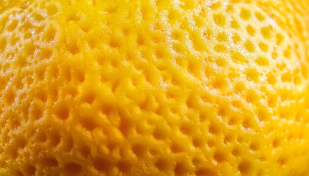 extreme close up of a textured bright yellow lemon peel showing detailed pores and organic skin patterns of fresh citrus fruit for culinary background cooking concept or healthy food theme