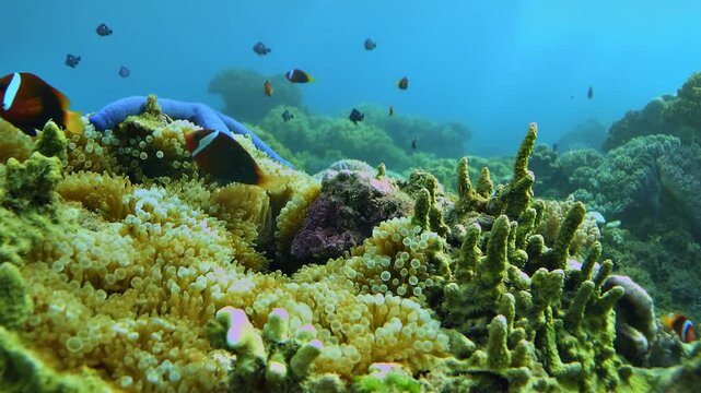 Top view of clownfish, anemonefish - Amphiprion - living among sea anemones on a tropical coral reef in the Timor Sea.