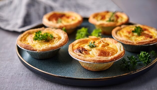 elegant mini quiches on plate golden flaky pastry shells with creamy egg filling savory herbs and cheese appetizing food tasty snack