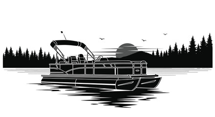 Pontoon Boat With Forest And Water Landscape Black Silhouette watercraft © AfiaIslam