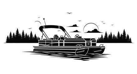 Pontoon Boat With Forest And Sky Silhouette vessel watercraft lake © AfiaIslam