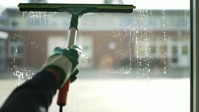 Close-Up Action Shot of a Window Cleaning Squeegee Removing Streaks from a Large Glass Pane with a Blurred Building in the Background in a Professional Setting