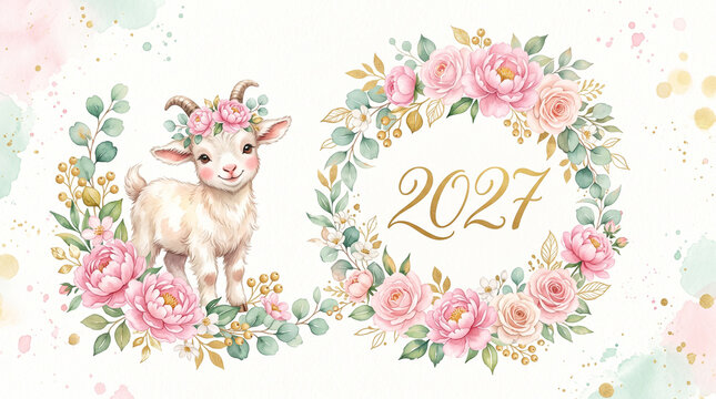 Watercolor cute goat with floral crown and 2027 new year greeting card design