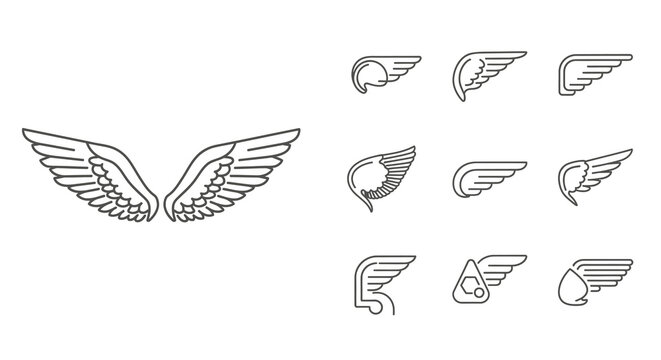 Collection Of Wing Silhouettes In Linear Style White Background Silhouette