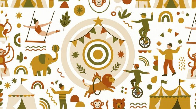 Illustrated circus with acrobats, unicyclists, elephants & lions in playful acts