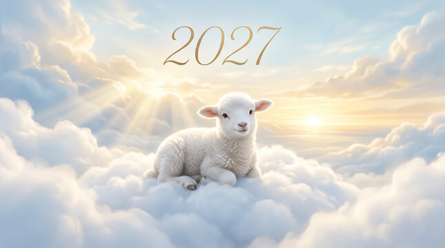 Cute white lamb lying on fluffy clouds with golden 2027 text in sky