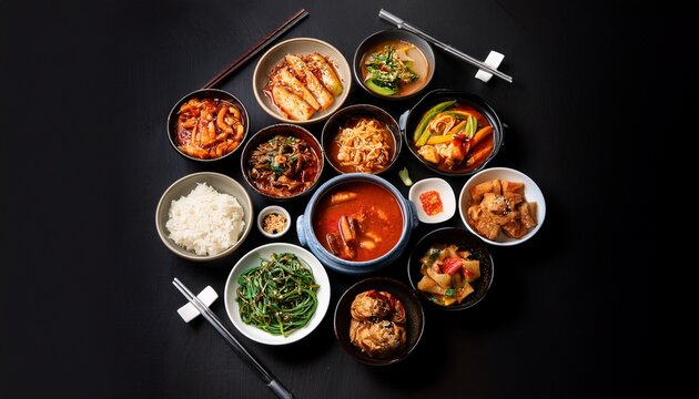 various korean cuisine dishes in bowls on the table top view