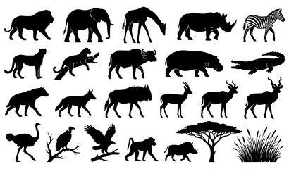 Obraz premium African Savanna Wildlife Silhouette Vector Pack with Lion Elephant Giraffe Rhino Zebra and Nature Animals