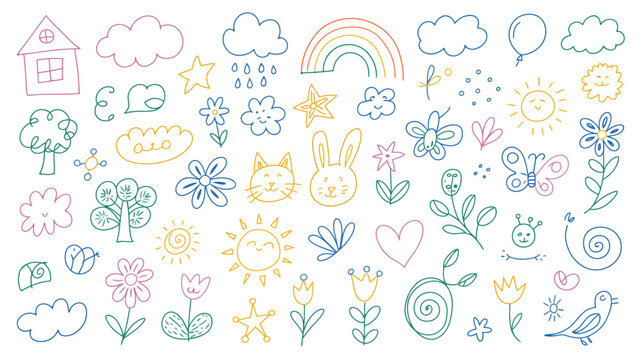 Cute kid doodle sketch element set featuring hand drawn flowers, hearts, rainbows, clouds, stars, and playful childish scribble line illustrations for nursery, education, and creative design