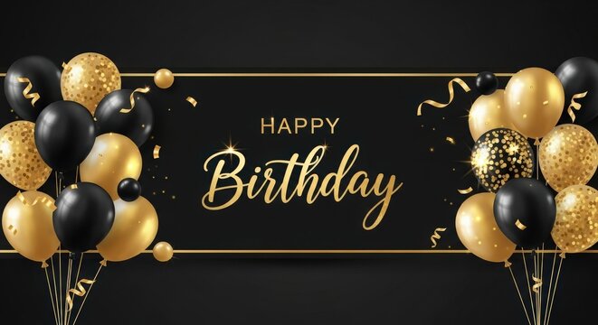 Luxury birthday banner, gold and black balloons, party decorations, celebration background