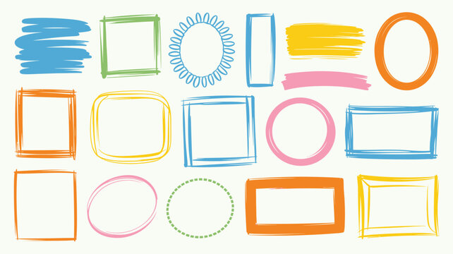 Brush pen doodle frame vector set with hand drawn squares, rectangles, circles, ovals, scribble borders, colorful sketch outlines, and creative label elements for notes and social media design
